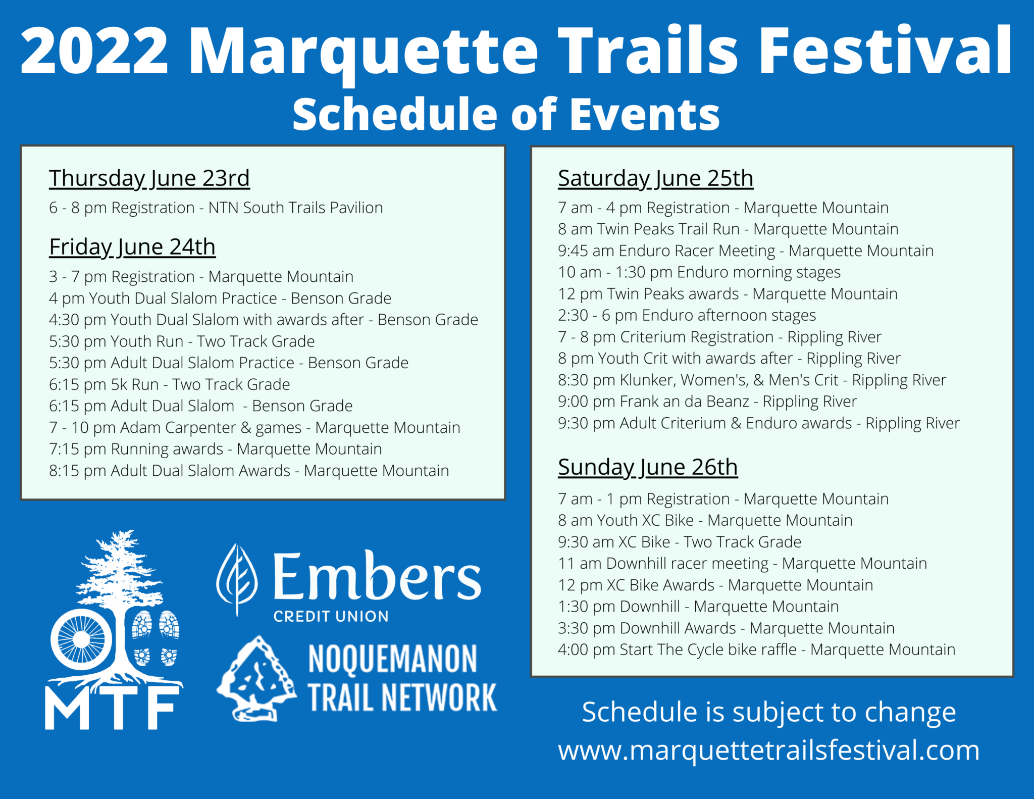 SCHEDULE OF EVENTS MARQUETTE TRAILS FEST