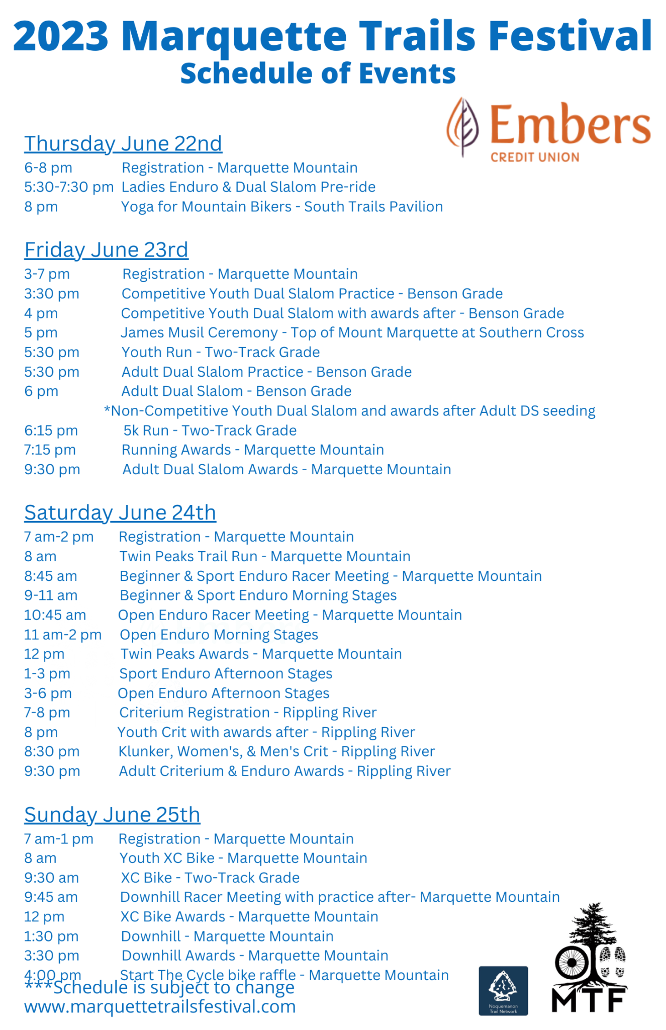 SCHEDULE OF EVENTS MARQUETTE TRAILS FEST